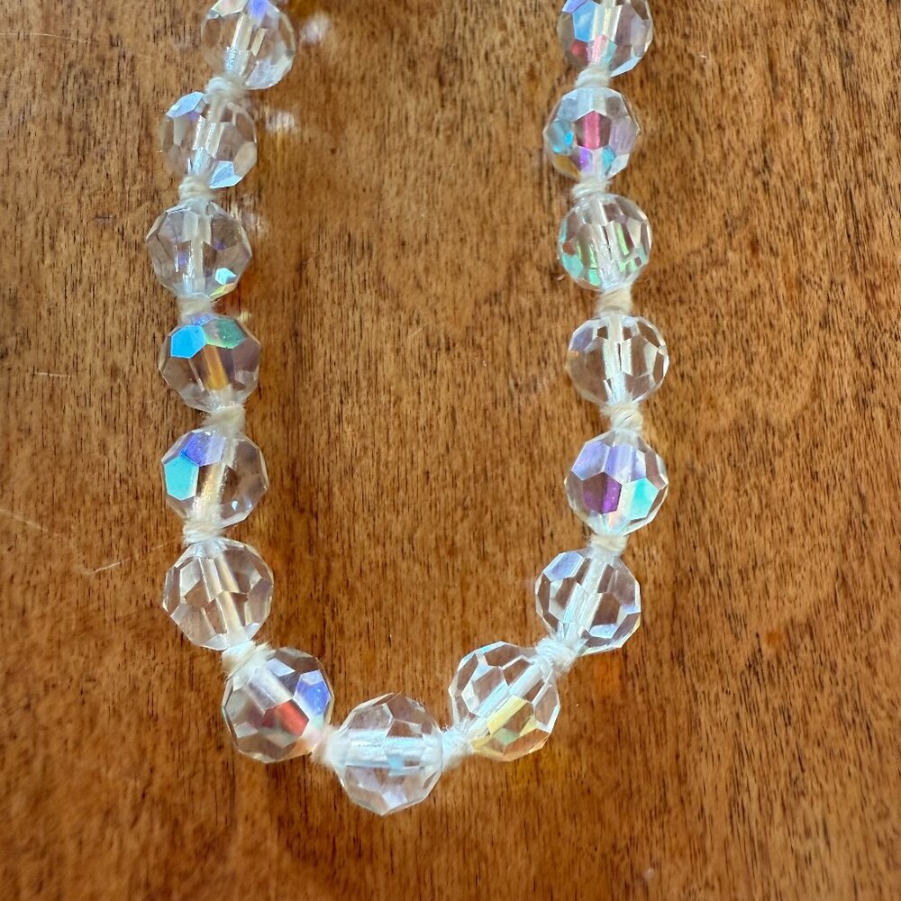 Vintage Rainbow Faceted Crystal Small Beads Hand-Strung Knotted Long Necklace